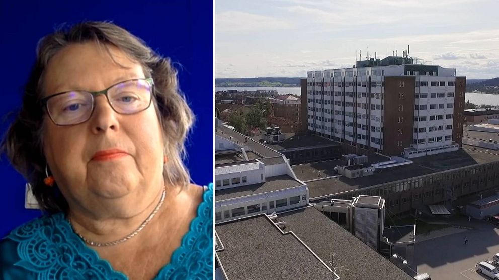 Delad bild. Till vänster kvinna med grått hår och glasögon framför en blå vägg. Till höger flygbild över Östersunds sjukhus.