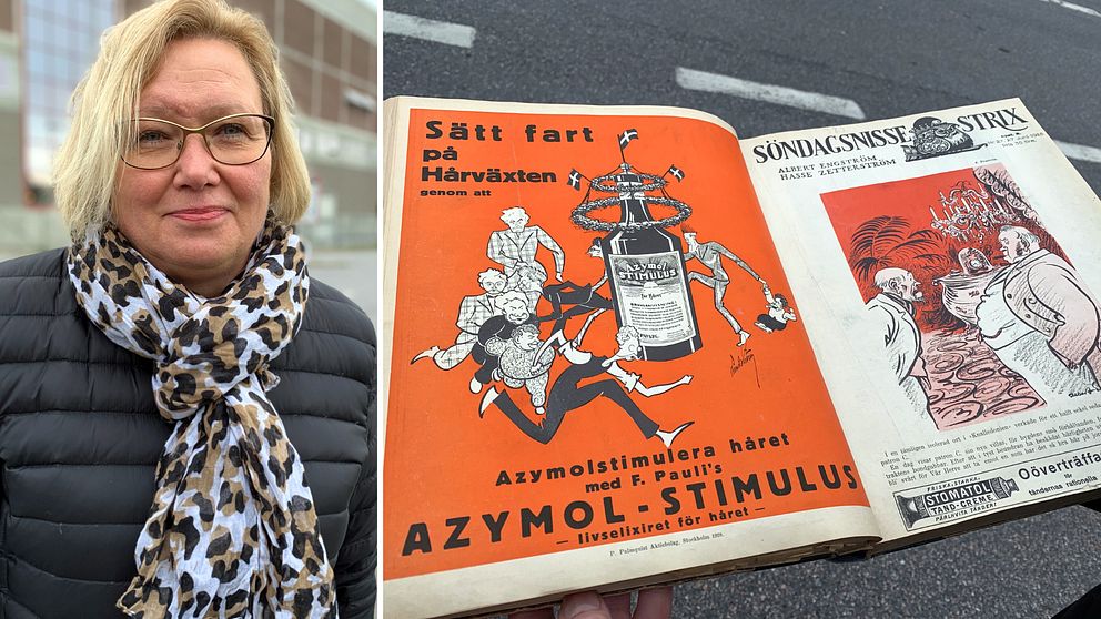 Katarina Winge, anställd på Kvarnsvedens pappersbruk och en av de gamla tidningar som nu ska arkiveras.