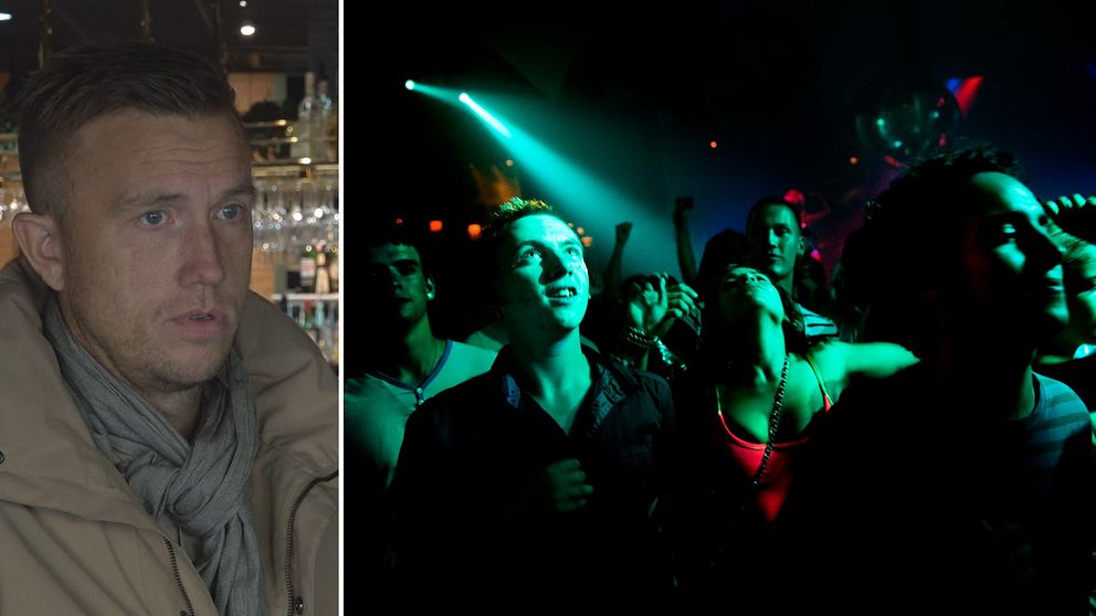 Delad bild. Till vänster en man som blickar ut från bild. Till höger dansande människor upplysta med grönt ljus.