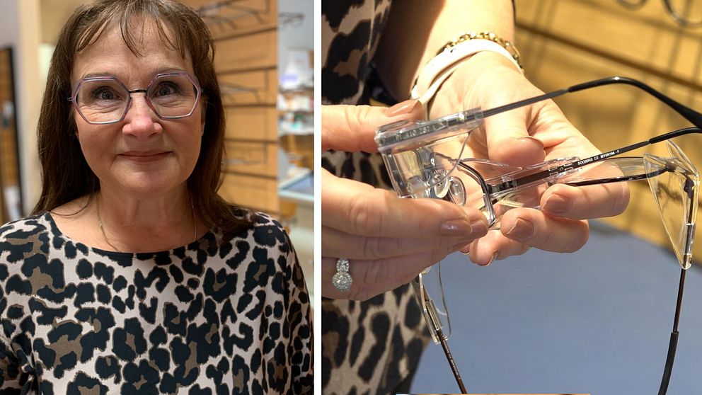 Optiker Marie Nordström med ett par skyddsglasögon.