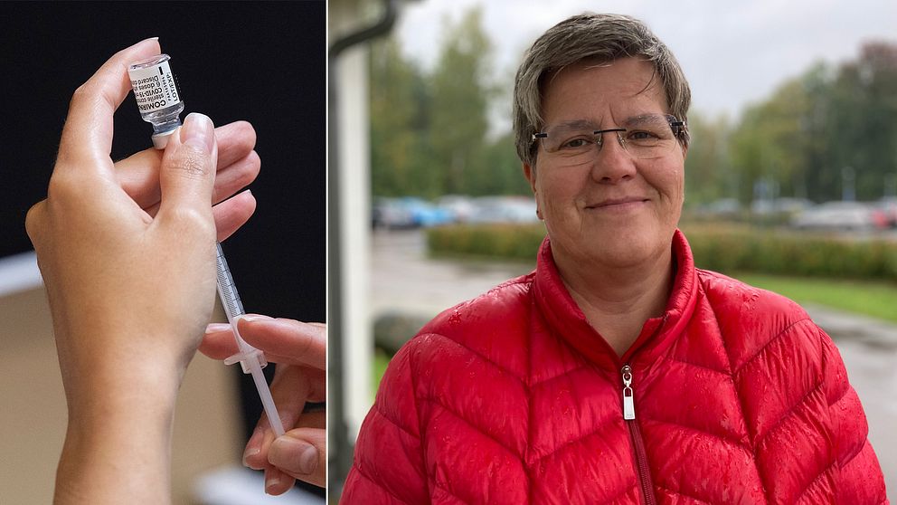 Bilden är delad i två. Den vänstra bilden visar en hand som fyller på en spruta med covidvaccin. Den högra bilden är en porträttbild på Region Kalmar läns vaccinsamordnare, Marie Ragnarsson. Hon står utomhus i regnet. Hon har kortklippt grått hår och glasögon utan båge. På sig har hon en röd dunjacka.