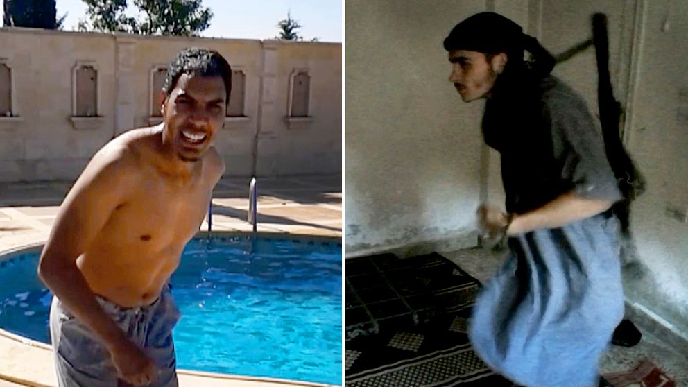 Bilder från två IS-terroristers mobiler. Den ena på när en av dem står vi en pool, den andra på en man i ett rum.