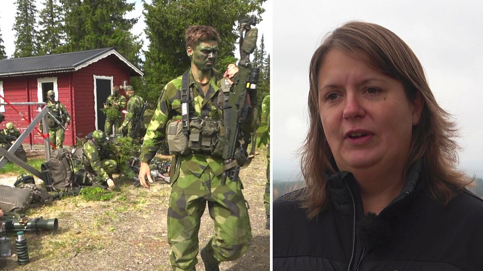 Till vänster: Soldater från K 4:s regemente som är ute på övning. Till höger i en annan bild syns Anne Enoksson, näringslivsstrateg på Arvidsjaurs kommun.