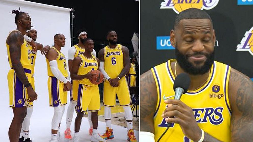 LeBron James och några av lagkamraterna i LA Lakers under mediadagen inför NBA-säsongen.