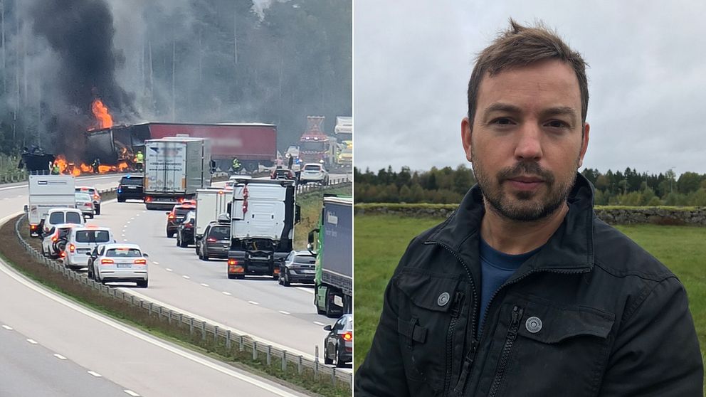 Bilden är delade i två. Den högra bilden visar trafikolyckan i Markaryd där Lars Vilks omkom. Den vänstra bilden är en porträttbild på vittnet John Karlsson.