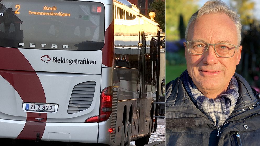 Bilden är delad i två. Den högra bilden är baksidan och en långsidan av en stadsbuss från Blekingetrafiken. Den högra bilden är en porträttbild på Peter Christensen (L), ordförande i trafiknämnden i Region Blekinge.