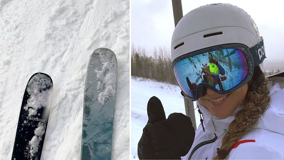 Till vänster syns ett par skidor av märket rossignol. Till höger syns en kvinna i vit skidutstyrsel. Hon håller upp en tumme med sina fingervantar.