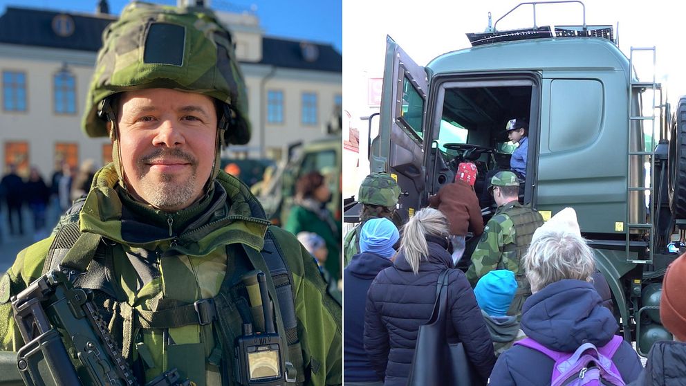 Bilden är delad i två. Den vänstra bilden är en porträttbild på överstelöjtnant Andreas Nilsson iklädd uniform. Den högra bilden är en bild på en folksamling kring en tankbil som tillhör militären.