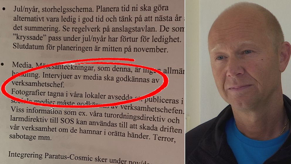 En bild på anteckningarna med en röd ring i mitten av texten. Det står ”Intervjuer av media ska godkännas av verksamhetschef”. En annan bild bredvid på Thomas Johansson.