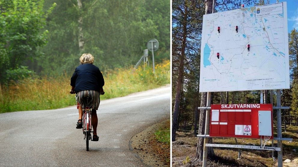 Till höger: en kvinna på en röd cykel cyklar efter en landsväg. Till vänster syns en av försvarsmaktens skyltar där med en karta över skyddsområdet där det pågår en skjutövning.