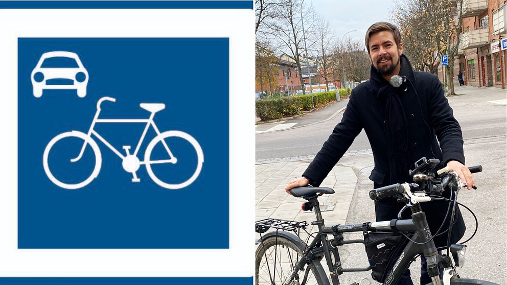 Linus Lakso (MP) står med sin cykel i korsningen Smedjegatan/Alva Myrdals gata i Eskilstuna. Bakom honom kommer snart en blåvit skylt med en stor cykel och en liten bil (till vänster) sättas upp.