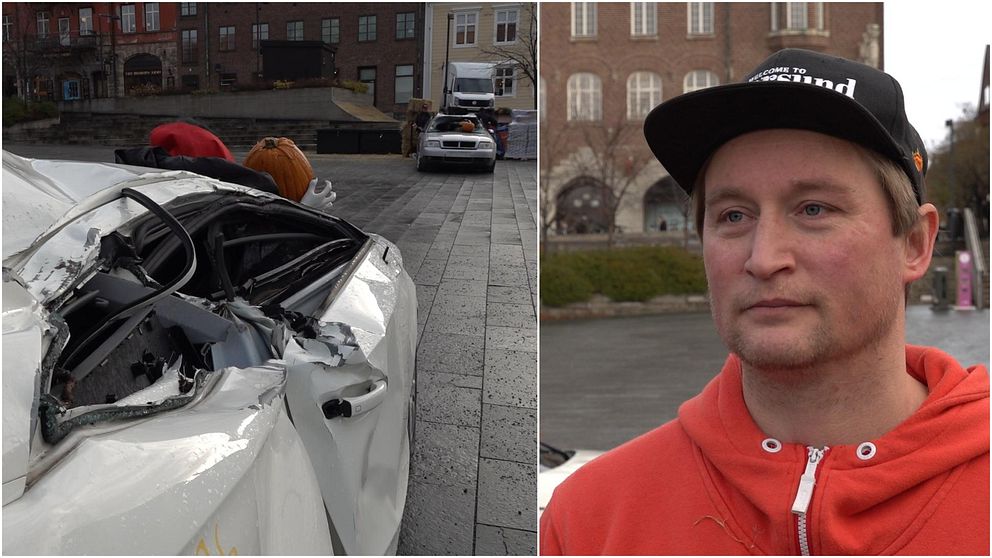Två bilder. Till vänster, en voltad, vit bil. Till höger, en man med svart keps och orange huvtröja.