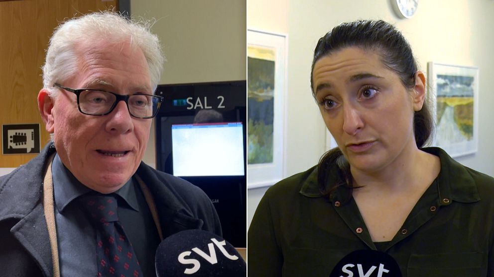 En man med glasögon intervjuas på tingsrätten, till höger en kvinna med uppsatt hår
