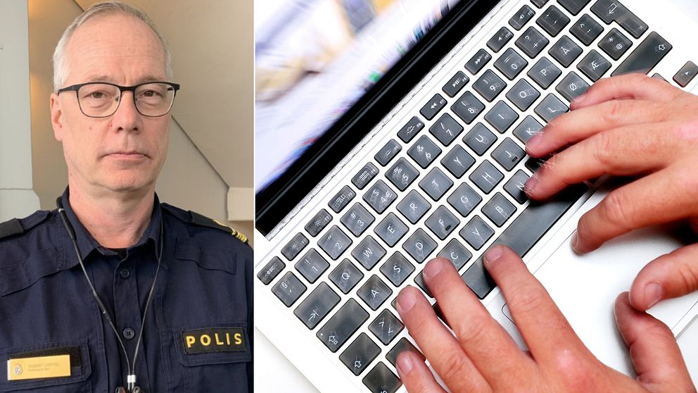 Bilden är delad i två. Den vänstra bilden är en bild på Robert Loeffel, presstalesperson i polisregion Syd. Den högra bilen visar händer som trycker på ett tangentbord på en laptop.