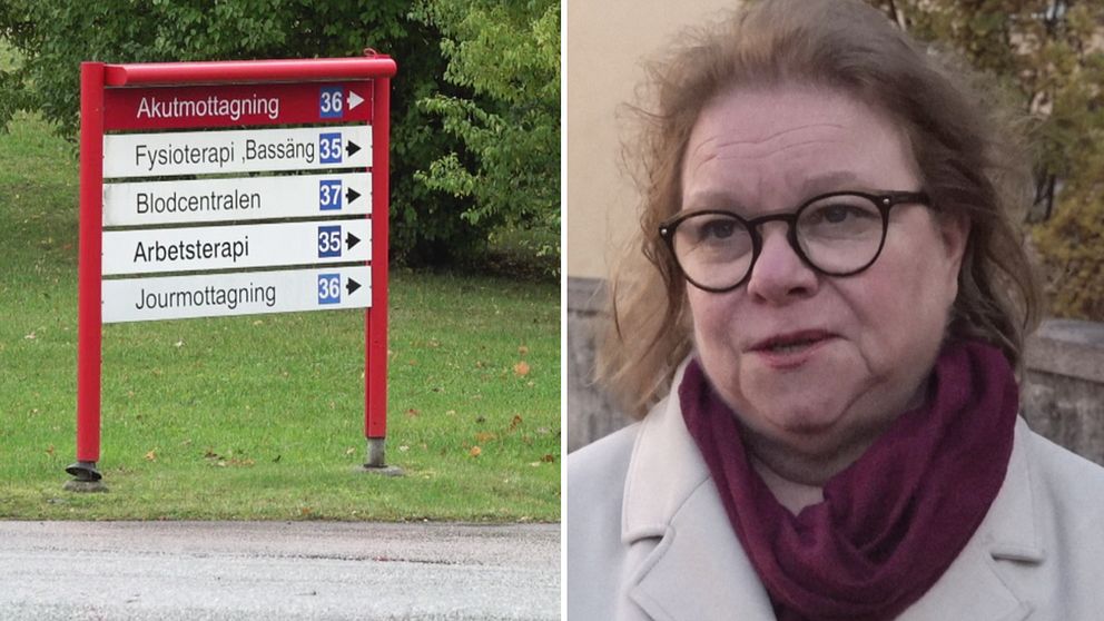 delad bild: orienteringskylt till olika delar av sjukhuset, på en gräsmatta, samt närbild på Denise Norström – en medelålders kvinna med glasögon