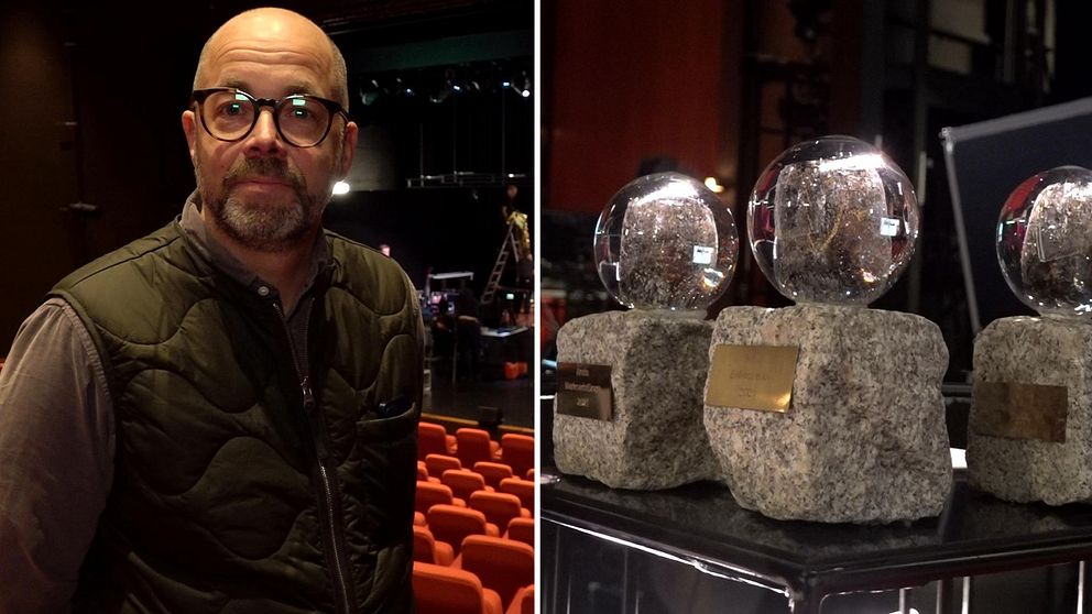 Två bilder, till vänster: en skallig man med mörka glasögonbågar. Höger, statyetter i form av en gatsten med en glaskula ovanpå.