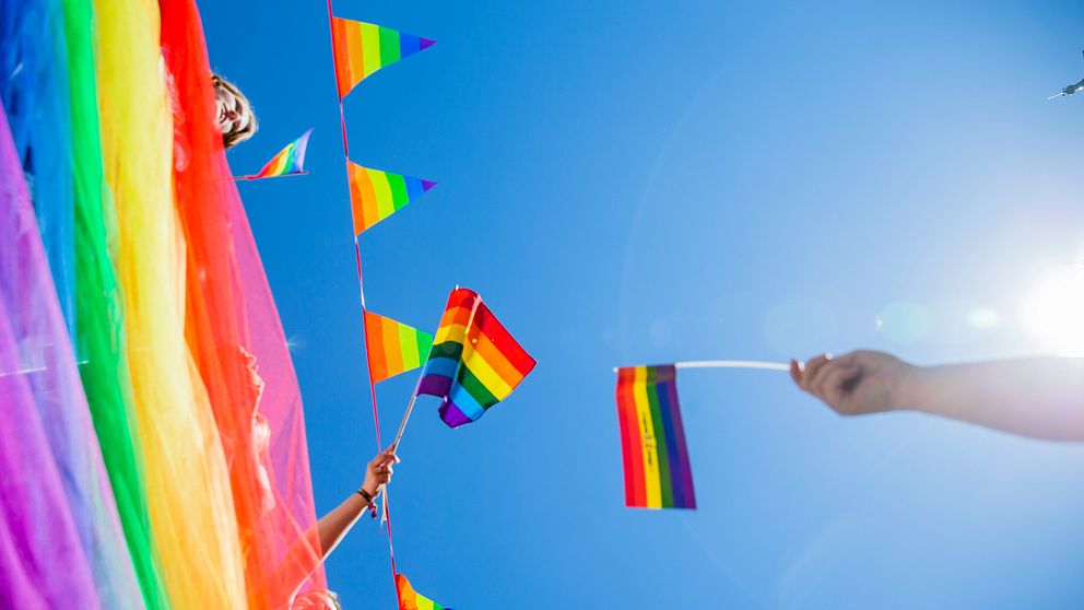En bild på Pride-flaggor som sträcks mot himlen.