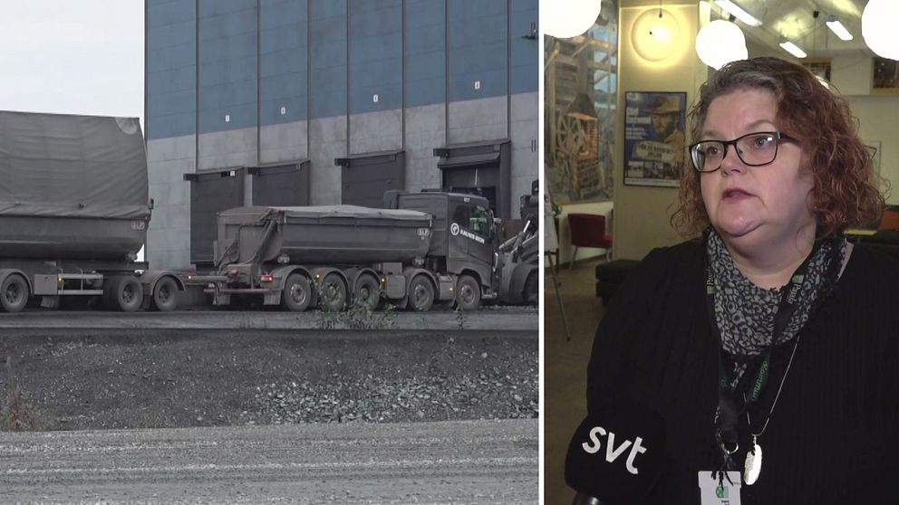 Till vänster en malmtransport på Kaunis Irons verksamhetsområde. Till höger Ulrica Hammarström, i en svart blus.