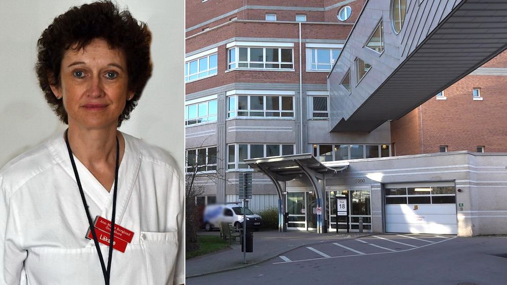 Bilden är delad i två. Den vänstra bilden är en bild på överläkaren och verksamhetschefen för kvinnokliniken i Kalmar, Ann-Marie Berglund. Hon har på sig läkarrock och tittar in i kameran. Hon har kortklippt, vågigt och mörkt hår. Den högra bilden visar ingången till förlossningkliniken på länssjukhuset i Kalmar.