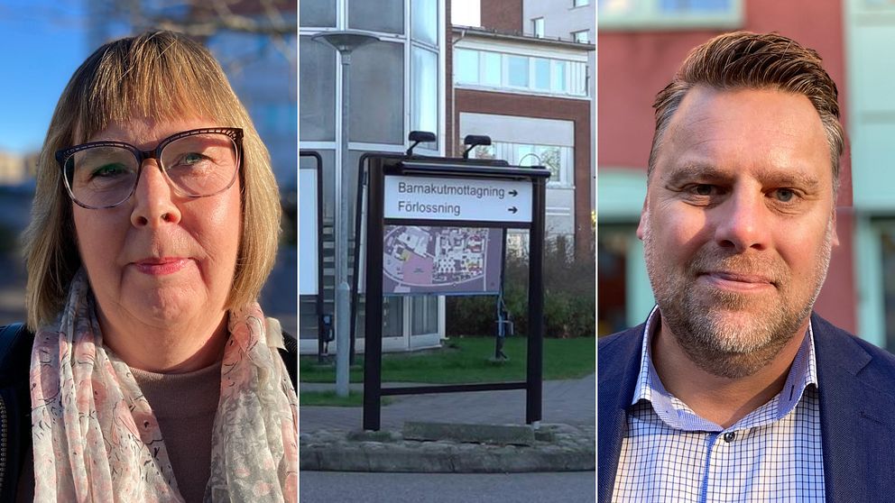 Bilden är delad i tre mindre bilder. Den vänstra bilden är en porträttbild på Helén Bengtsson, en kvinna i 55-årsåldern med pannlugg och page. Den högra bilden är en portr'ttbild på regionråd Mattias Adolfson (S). Han är medelålders och har kortklippt ljusbrunt hår och skäggstubb. Bilden i mitten är en skylt utanför sjukhuset i Kalmar. På skylten står det ”Barnakutmottagning” och ”Förlossning”.