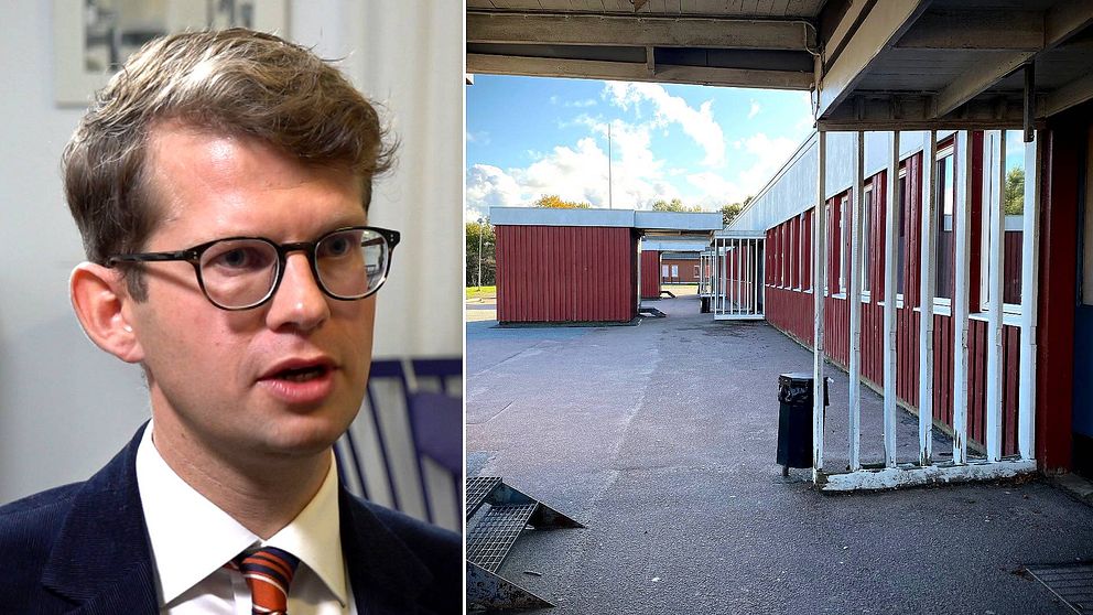 Politikern till vänster och en ingång till en skola till höger