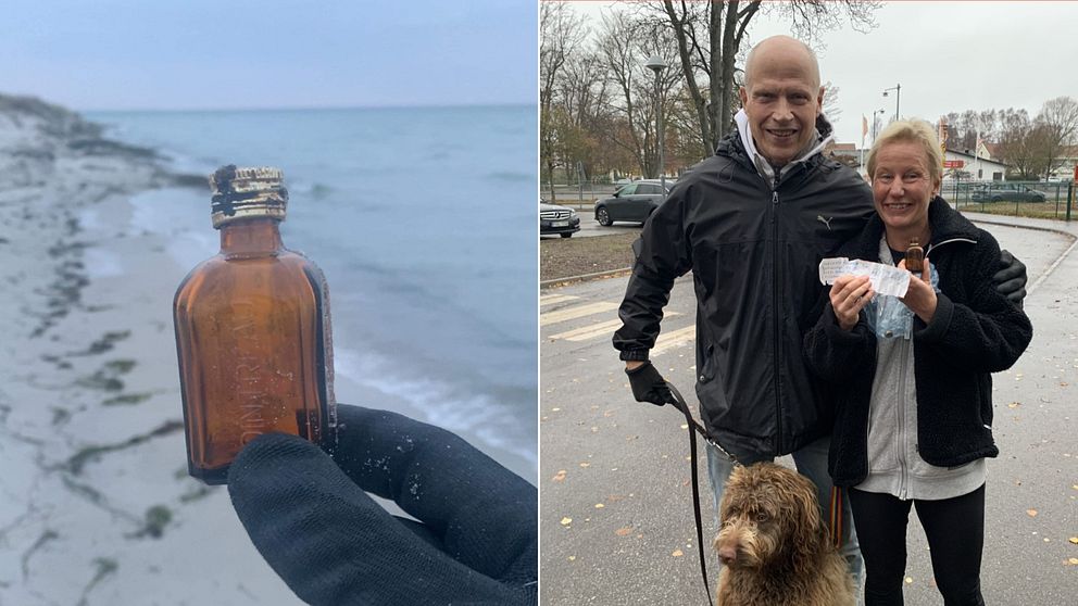 Mats Tångberg hittade Åse Noréns 46 år gamla flaskpost när han var ute och promenerade med sin hund på Ljunghusens strand.