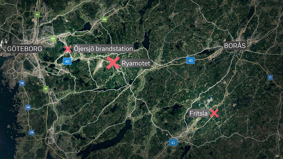 RV 41 vid Fritsla, Ryamotet på RV 40 och brandstationen i Öjersjö – tre av platserna som blev centrala i polisens insats, natten mot söndag.