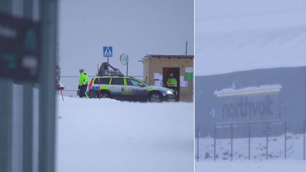 En polisbil syns inne på byggarbetsplatsen och en exteriör på en byggnad med texten ”Northvolt”.