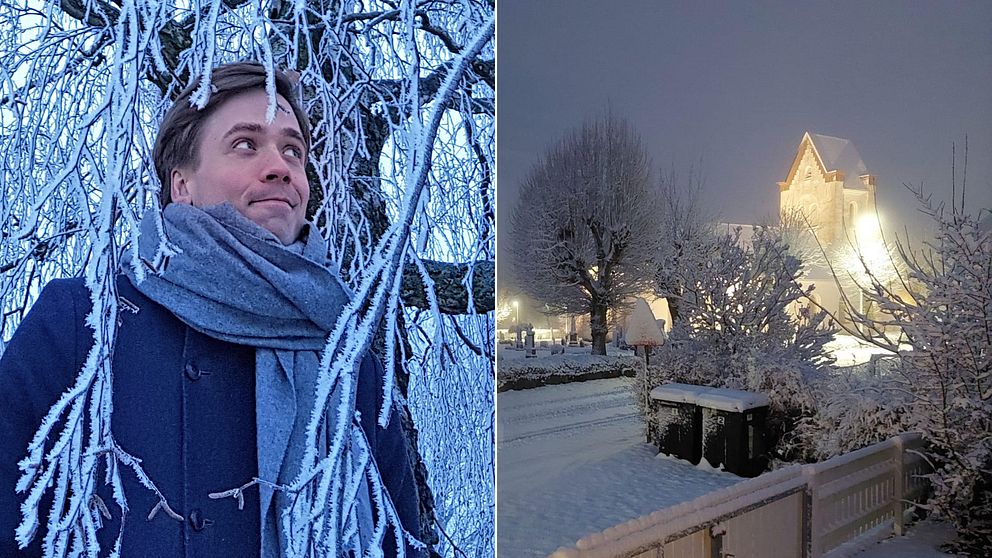 Bilden är ett montage. Till vänster SVT:s meteorolog Nils Holmqvist. Till höger Svensköps kyrka i byn Kilhult i Hörby. Bilden är tagen under lördagsmorgonen och visar ett snötäckt landskap.