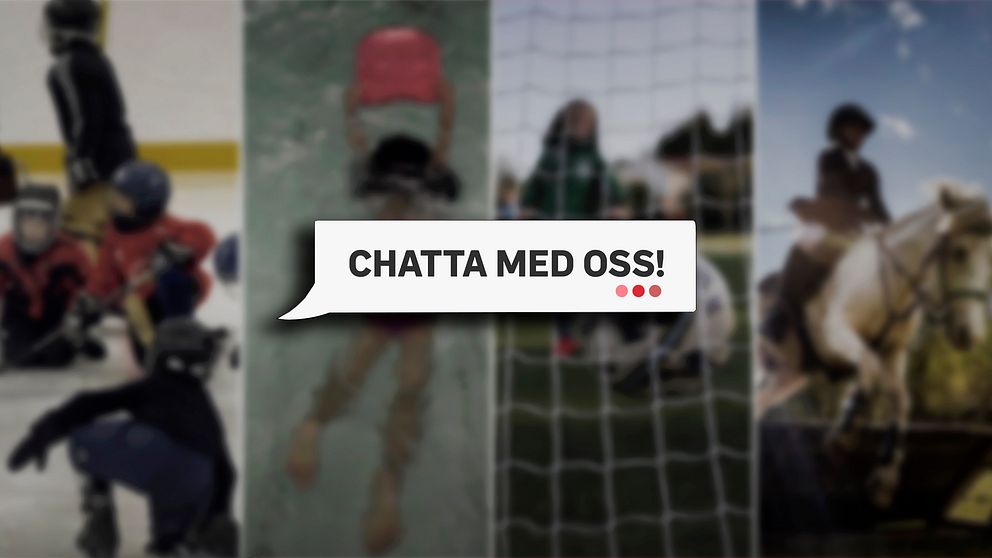Bild som visar fyra sektioner där olika sporter visas: till vänster en isrink med spelare som åker skridskor, i andra sektionen en person under vattnet, i tredje en fotbollsplan med spelare och till höger en person som rider på en häst. Över bilderna finns en textbubbla med texten ”CHATTA MED OSS!”