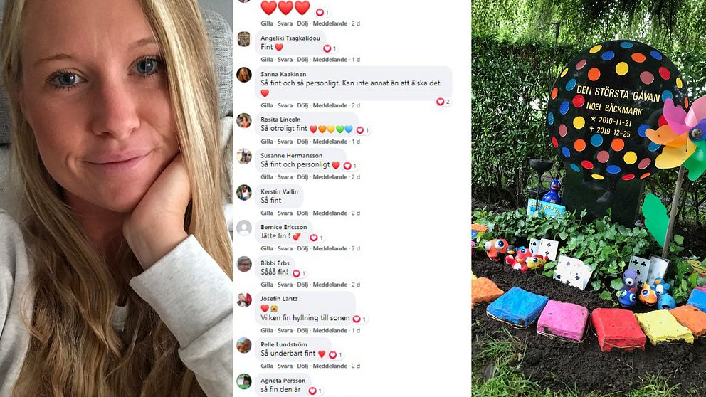Carolina Jernberg, utklipp från kommentatorsfältet på facebook och Noels gravsten