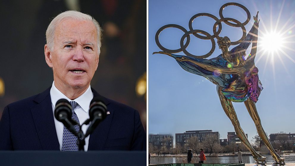 USA:s president Joe Biden och staty i Kina inför Olympiska vinterspelen i Peking 2022.