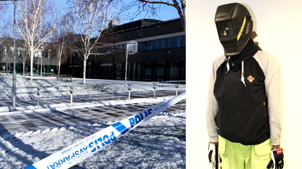 Mannen bar varselkläder och en svetsmask när han gick runt på Peder skrivares skola. Bilden till höger visar en docka med kläder som polisen beslagtagit efter attacken.