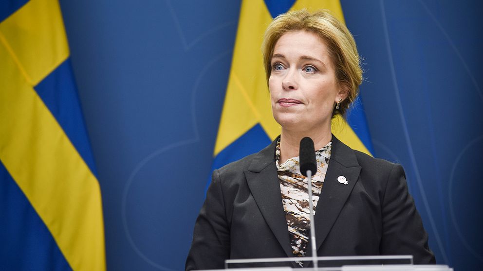 Klimat- och miljöminister Annika Strandhäll på pressträffen.