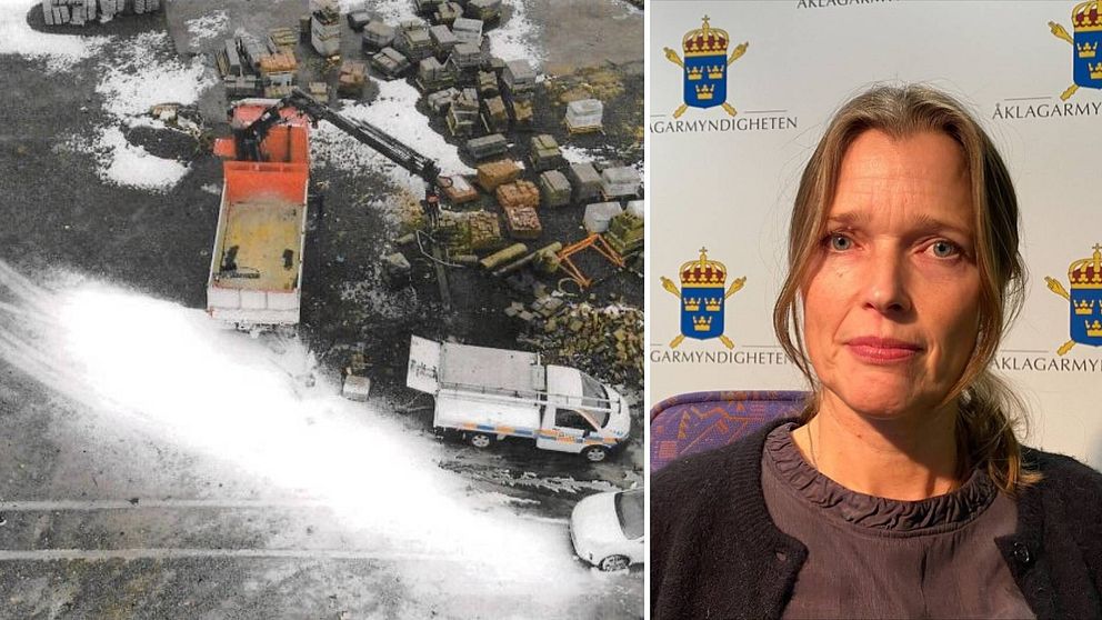 Delad bild. Till vänster en flygbild över olycksområdet i Lugnvik. Man ser bilar och att det är sprutat brandskum över olycksområdet. Till höger åklagare Märta Warg. Hon har långt cendréfärgat hår uppsatt i hästsvans.
