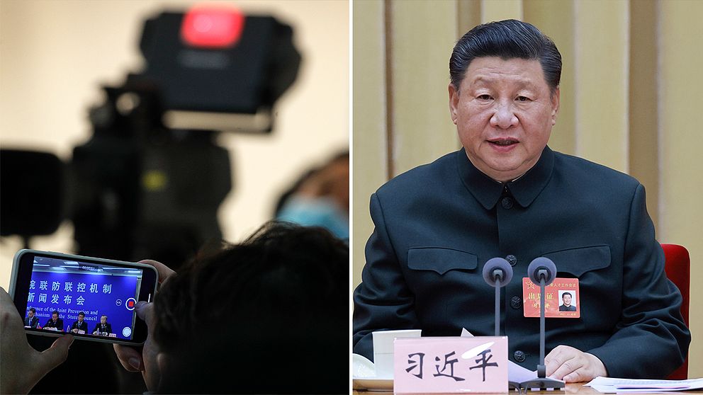 Reportrar på presskonferens och Xi Jinping.