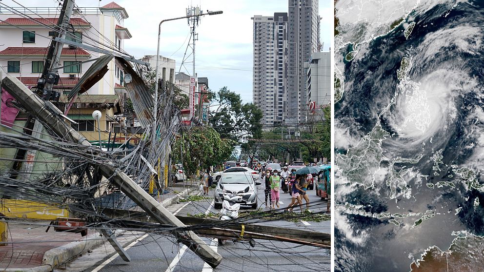 Störtade telefon- och elledningar är bara några av de skador som tyfonen Rai orsakat. Till höger kan man se en satellitbild från när Rai drog in över landet.