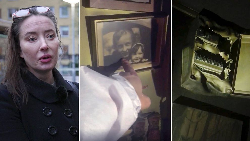 Kvinna med glasögon på huvuden, äldre fotografi på vägg, skadat elskåp på en vägg