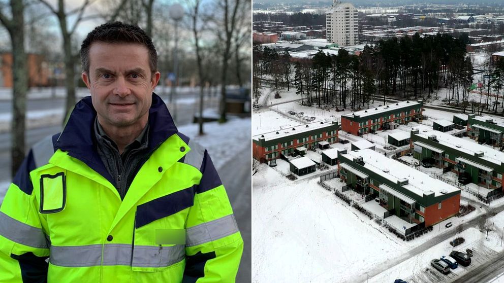 Man med gul arbetsjacka, samt flygbild över miljonprogramsområde