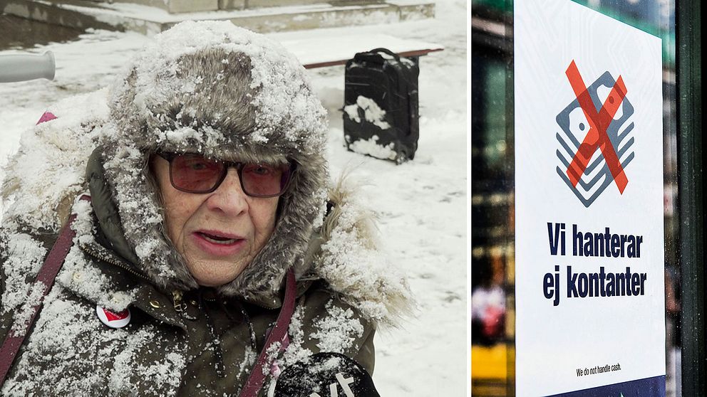 ”inget swishande.. det är cash is king” –  hör demonstranternas oro över att det inte alltid går att betala med kontanter längre.
