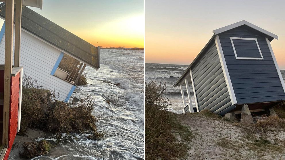 Badhytter lutar mot havet