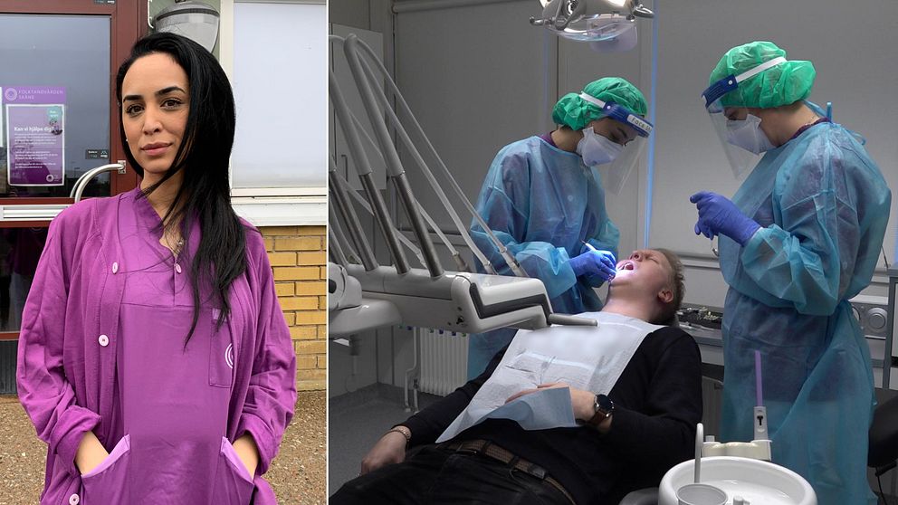 Till vänster en bild på Susan Sarwari. Till höger behandlar Susan och hennes kollega Sanya en patient.