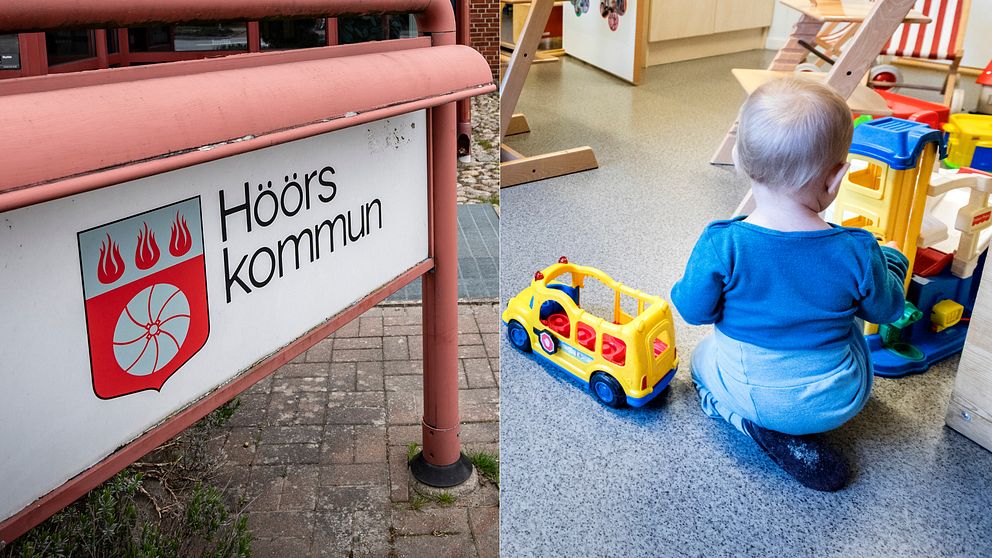 Bilder på Höörs kommun kommunvapen och en bild på ett småbarn som leker med en bil.