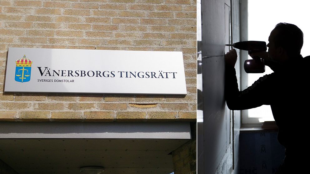 En bild på Vänersborgs tingsrättsskylt och en siluett av en person som skruvar i en badrumsvägg.