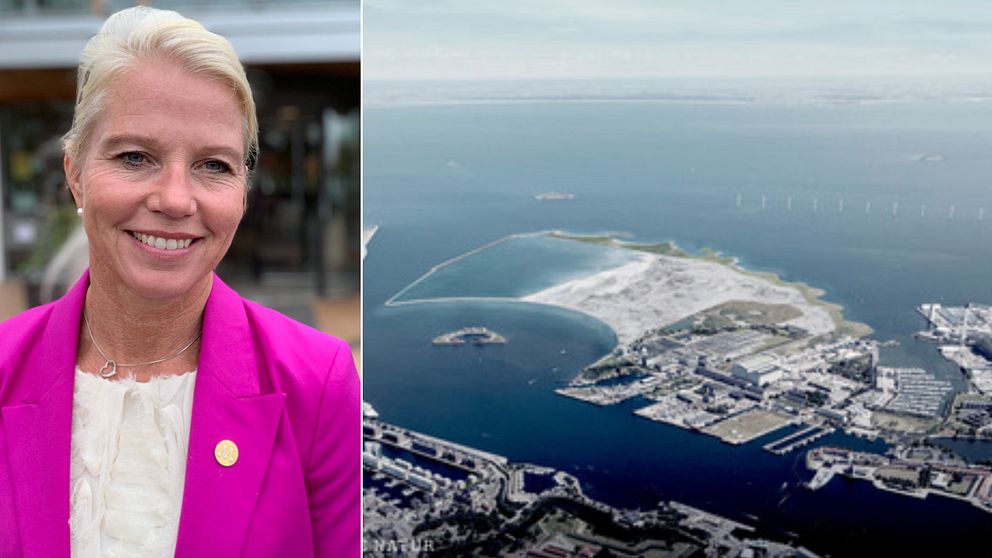 Bilden är ett montage till. Till vänster moderata kommunalrådet i Vellinge, Carina Wutzler. Till höger en konceptbild av Lynetteholm.