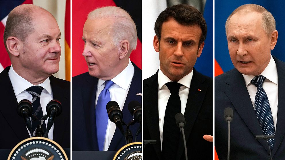 Tysklands förbundskansler Olaf Scholz och USA:s president Joe Biden från måndagens möte mellan de två i Vita huset i Washington, USA. Samt Frankrikes president Emmanuel Macron och Rysslands Vladimir Putin som även de möttes under måndagen, i Moskva, Ryssland.