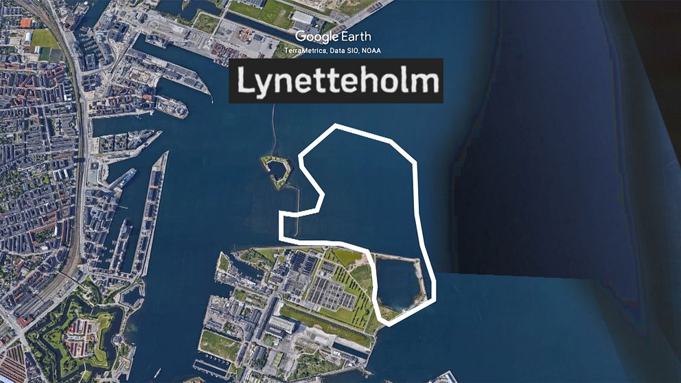 en kartbild över del av Köpenhamn med en skiss på var ön ska ligga.