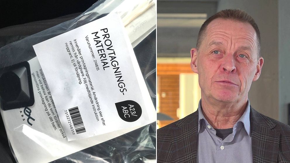 Delad bild. Till vänster provtagningskit för PCR-test. Till höger man med kort hår, blå ögon och rutig kavaj.