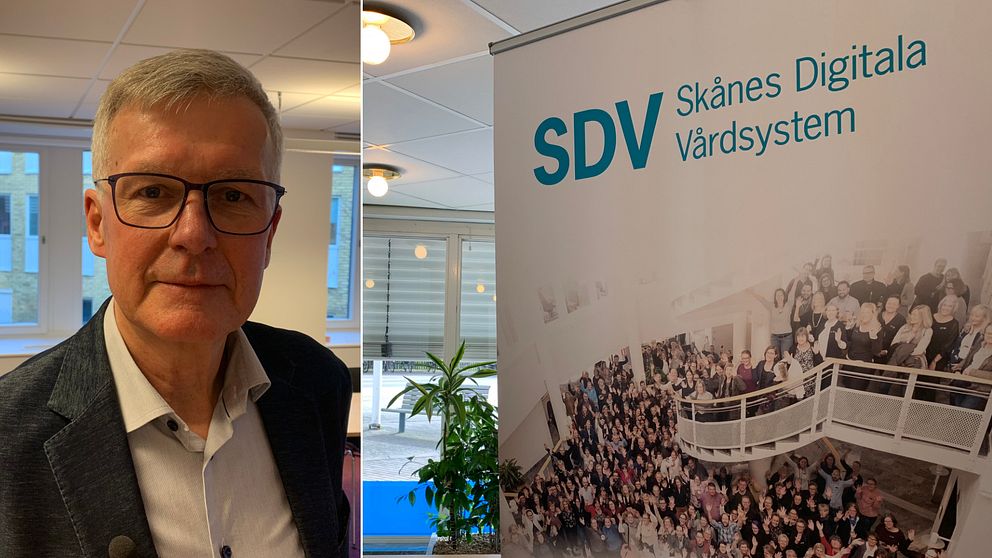 Bilden är ett montage. Till vänster Harald Roos, styrgruppsordförande för SDV – Skånes digitala vårdsystem. Till höger en affisch för SDV.