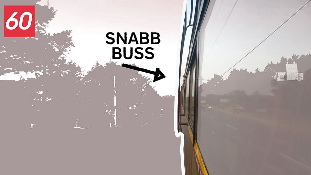 Ett kollage med en buss med en vit kant runt om som kör genom ett bostadsområde.